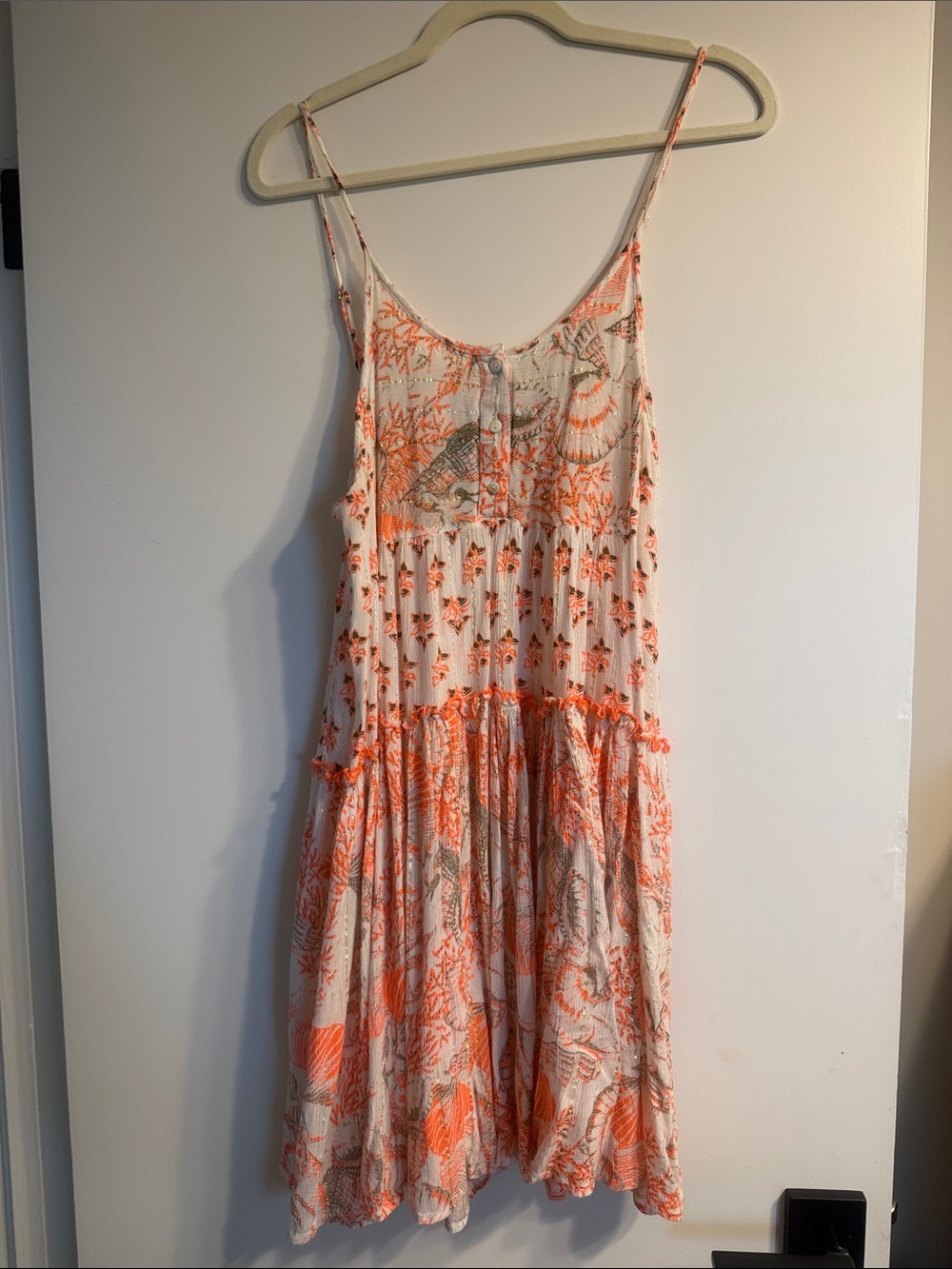 Cream and Coral Floral Spaghetti-Strap Mini Dress